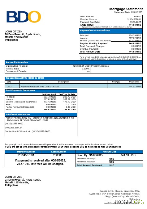 Relevé hypothécaire BDO aux Philippines au format Word et PDF